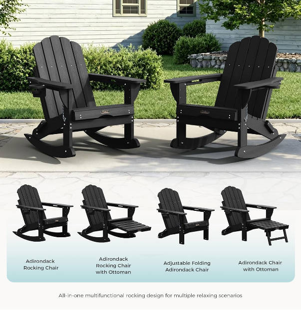 Folding Adirondack Rocking Chair with Retractable Ottoman, 4-in-1 Outdoor Adjustable Adirondack Chair with Footrest and Cup Holders, All-Weather HDPE Rocker for Porch, Patio, Poolside (Black)