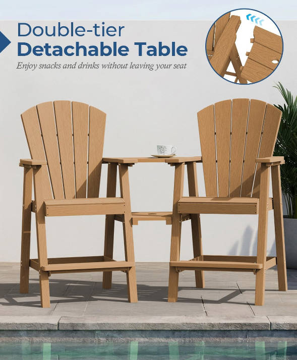 Tall Adirondack Chairs Set of 2, HDPE Outdoor High Adirondack Chair with Double Connecting Tray, Weather Resistant Balcony Chairs for Deck, Lawn, Pool, Backyard, Teak