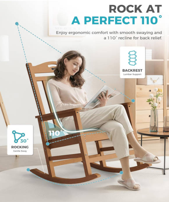 Oversized Outdoor Rocking Chair, 380lbs Heavy-Duty Large Patio Rocker, Weather Resistant & Anti-Fade Porch Chair, High Back Cozy Rocking Chair for Outside, Fire Pit, Deck, Garden, Teak