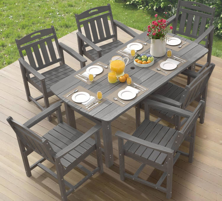 HDPE Outdoor Dining Set, 7-Piece Patio Table and Chairs Set with Umbrella Hole, All-Weather Patio Dining Sets for 6, Durable Patio Furniture for Backyard, Garden, Lawn & Poolside, Grey