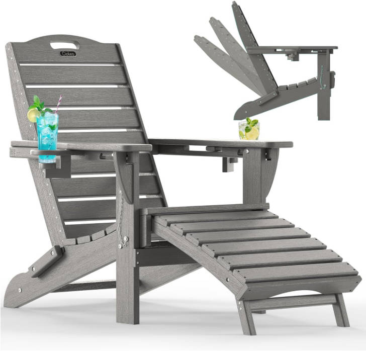Folding Adirondack Chair with Retractable Ottoman Fire Pit Patio Chair with Pull Out Foot Rest Weather Resistant Lawn Outdoor Lounge Chair with 2 Cup Holder (Grey)