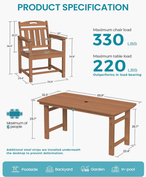 HDPE Outdoor Dining Set, 7-Piece Patio Table and Chairs Set with Umbrella Hole, All-Weather Patio Dining Sets for 6, Durable Patio Furniture for Backyard, Garden, Lawn & Poolside, Teak