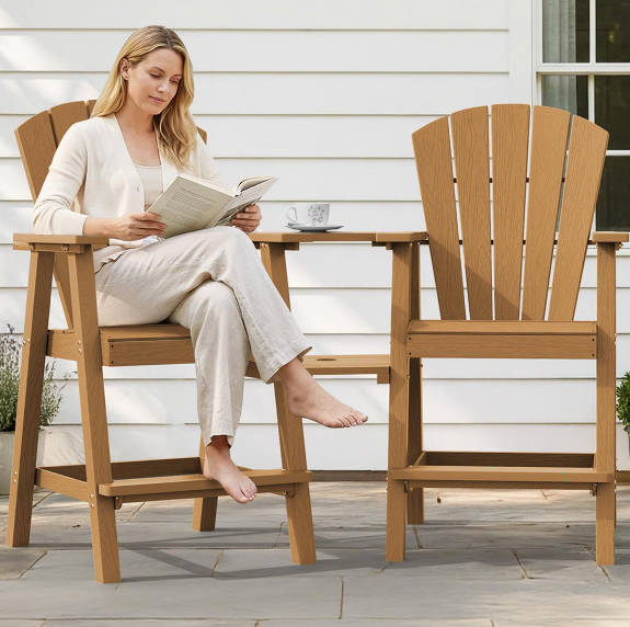 Tall Adirondack Chairs Set of 2, HDPE Outdoor High Adirondack Chair with Double Connecting Tray, Weather Resistant Balcony Chairs for Deck, Lawn, Pool, Backyard, Teak