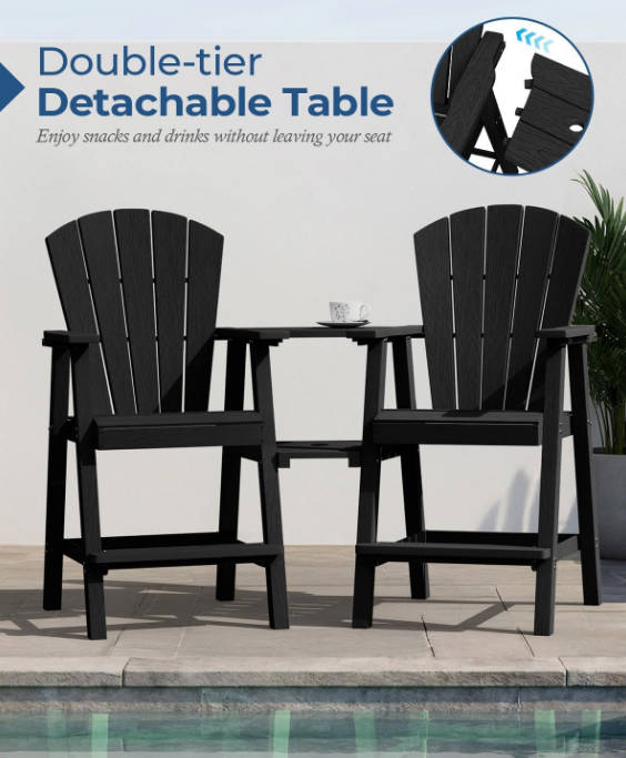 Tall Adirondack Chairs Set of 2, HDPE Outdoor Adirondack Bar Stools with Double Connecting Tray, Weather Resistant High Back Adirondack Balcony Chairs for Deck, Lawn, Pool, Backyard, Black