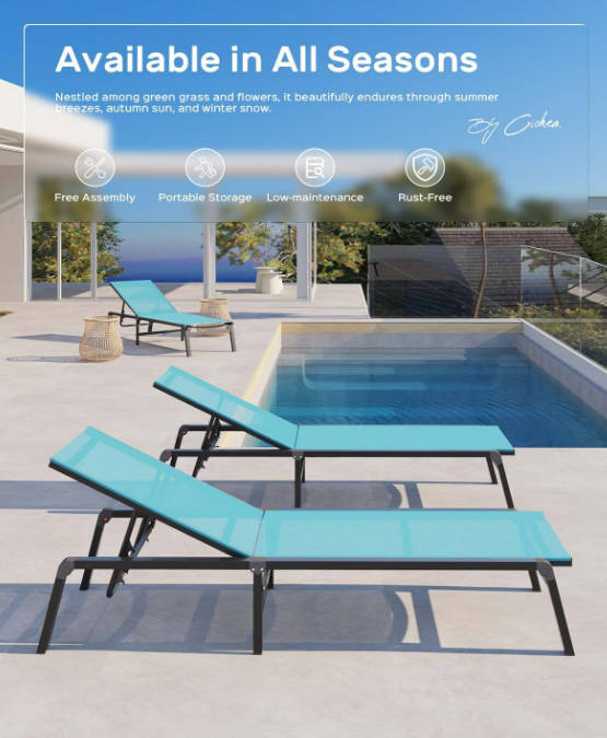 Aluminum Chaise Lounge Ourdoor - Foldable & Assemble Free Outdoor Lounge Chair with 5 Adjustable Backrest, Patio Lounge Chair for Outside Poolside Beach Pool, Lake Blue