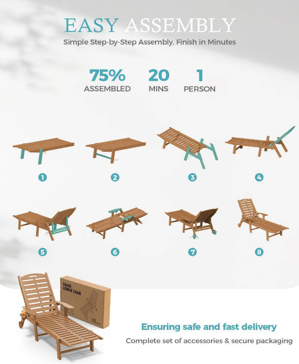 Lounge Chair Outdoor with Wheels & Cup Holder, 5-Position Adjustable Heavy Duty Patio Lounge Chair, HDPE Outdoor Chaise Lounge, 350 lbs Capacity, All Weather for Poolside, Deck, Backyard (Teak)