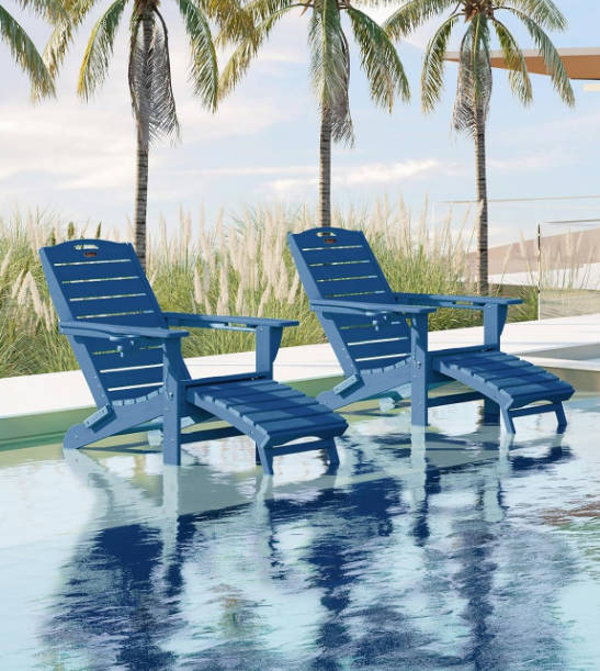 Folding Adirondack Chair with Retractable Ottoman Fire Pit Patio Chair with Pull Out Foot Rest Weather Resistant Lawn Outdoor Lounge Chair with 2 Cup Holder (Navy Blue)