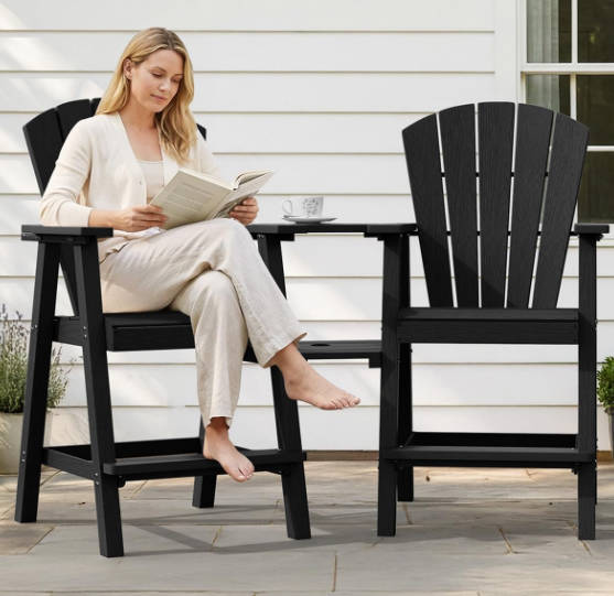 Tall Adirondack Chairs Set of 2, HDPE Outdoor Adirondack Bar Stools with Double Connecting Tray, Weather Resistant High Back Adirondack Balcony Chairs for Deck, Lawn, Pool, Backyard, Black