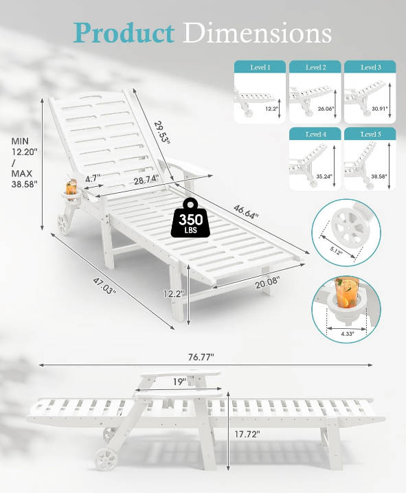 Lounge Chair Outdoor with Wheels & Cup Holder, 5-Position Adjustable Heavy Duty Patio Lounge Chair, HDPE Outdoor Chaise Lounge, 350 lbs Capacity, All Weather for Poolside, Deck, Backyard (White)
