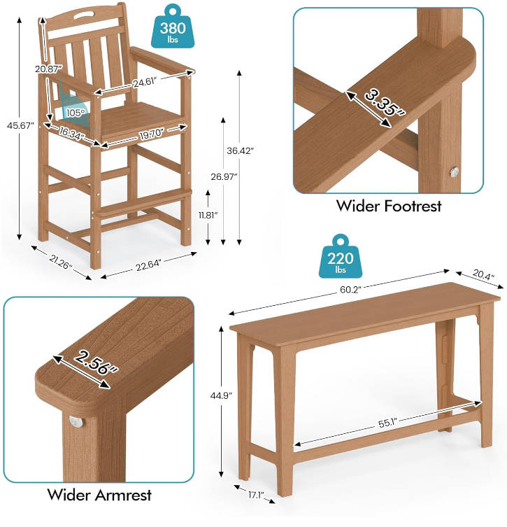 Outdoor Bar Set of 3, 60" Extra Long High Top Table with 2 Oversized Adirondack Chairs, Heavy-Duty All-Weather Bar Height Table Set Patio Bar Set for Backyard Balcony Deck, Teak