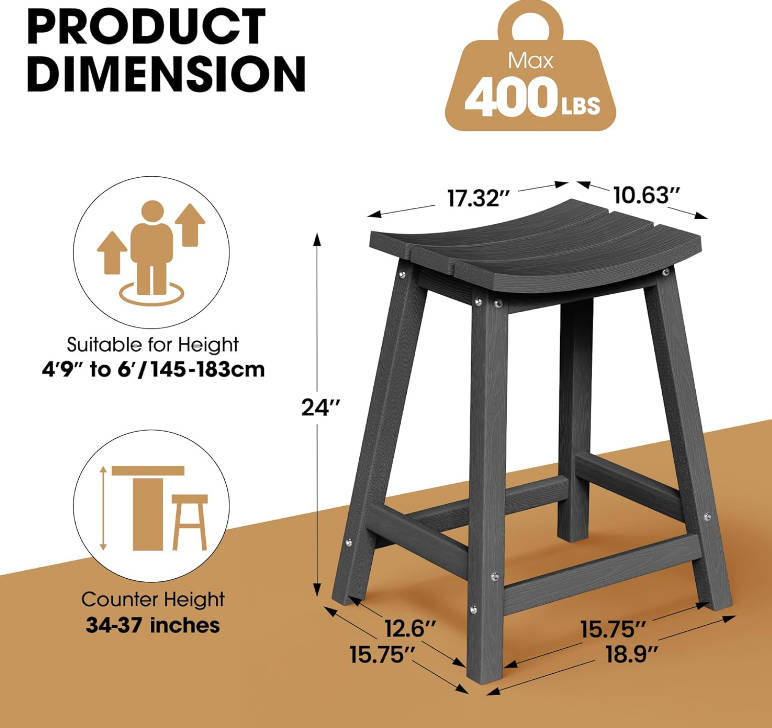 2 Set 24" Outdoor Bar Stools Heavy Duty HDPE Counter Height Bar Stools Weatherproof Patio Seats Modern Waterproof BarStools for Bar Deck Balcony Kitchen Counter Yard, Black