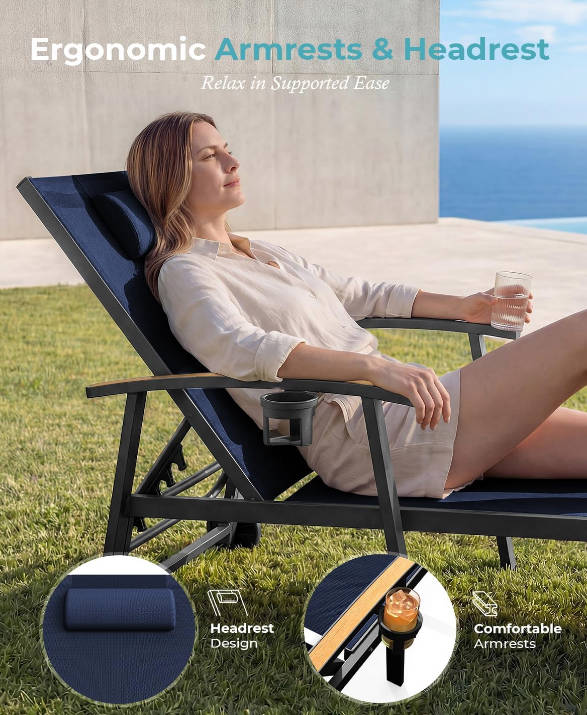 Outdoor Lounge Chair with Pillow, 5-Position Aluminum Chaise Lounge with Wheels & Armrests, 400 lbs Heavy Duty Patio Pool Chair for Deck, Backyard, Beach & Poolside, Navy Blue