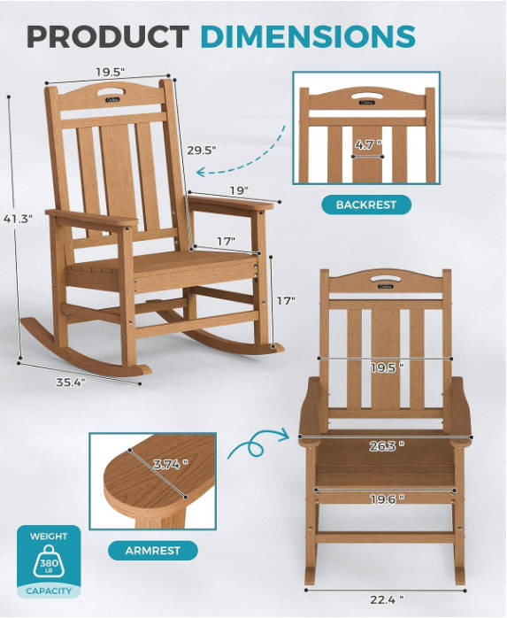 Oversized Outdoor Rocking Chair, 380lbs Heavy-Duty Large Patio Rocker, Weather Resistant & Anti-Fade Porch Chair, High Back Cozy Rocking Chair for Outside, Fire Pit, Deck, Garden, Teak