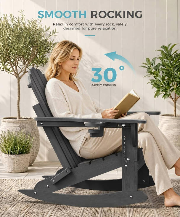 Folding Adirondack Rocking Chair with Retractable Ottoman, 4-in-1 Outdoor Adjustable Adirondack Chair with Cup Holders, All-Weather HDPE Rocker for Porch, Deck, Patio, Poolside (Dark Grey)