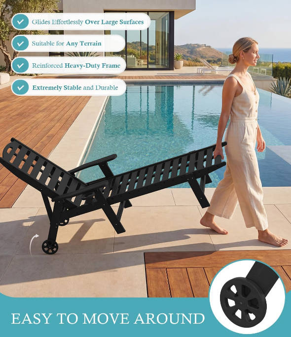 Lounge Chair Outdoor with Wheels & Cup Holder, 5-Position Adjustable Heavy Duty Patio Lounge Chair, HDPE Outdoor Chaise Lounge, 350 lbs Capacity, All Weather for Poolside, Deck, Backyard (Black)