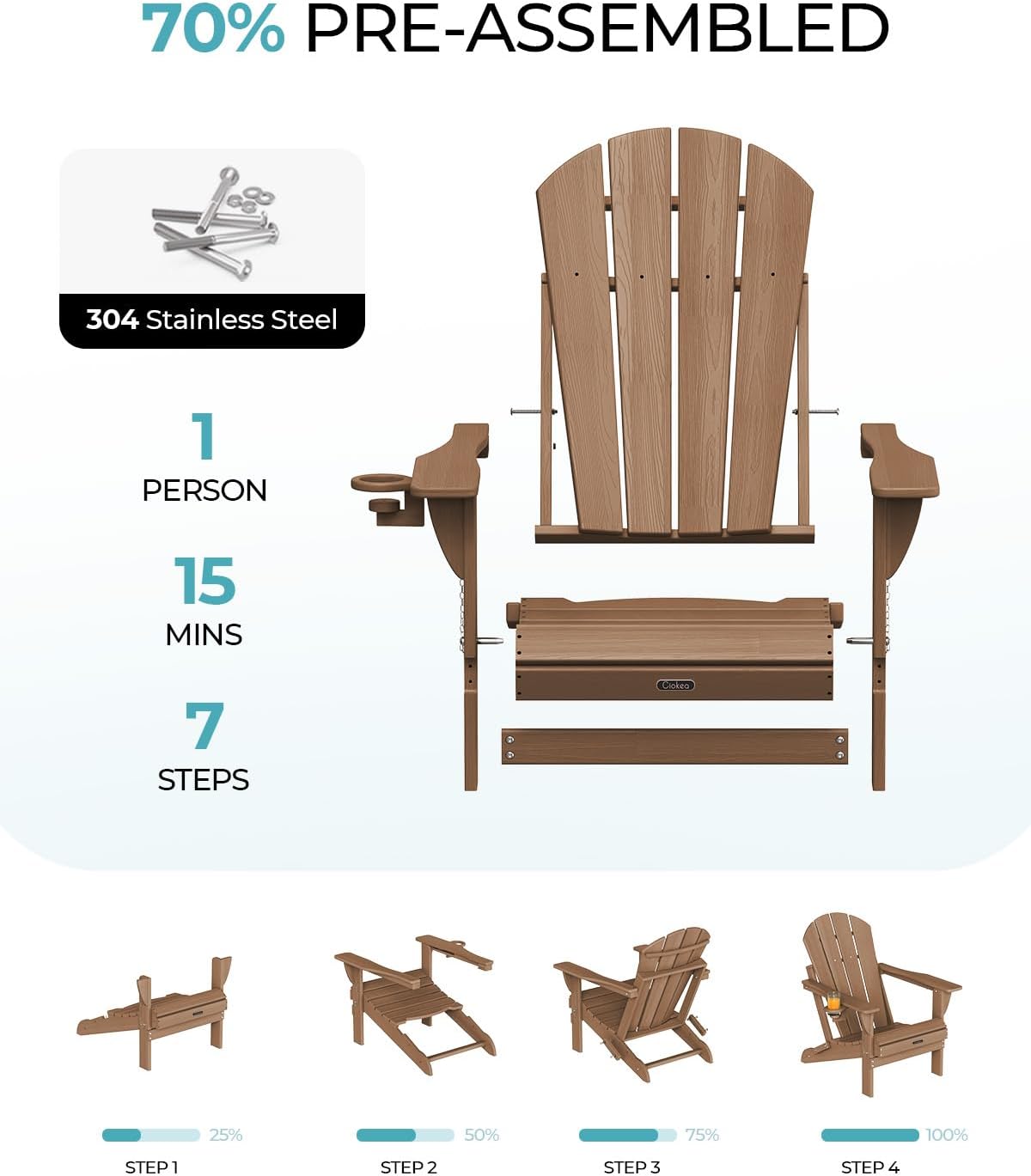 Folding Adirondack Chair Wood Texture, Patio Adirondack Chair Weather Resistant, Plastic Fire Pit Chair with Cup Holder, Lawn Chair for Outdoor Porch Garden Backyard Deck (Teak)