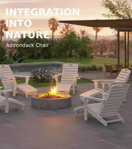 Folding Adirondack Chair with Retractable Ottoman Fire Pit Patio Chair with Pull Out Foot Rest Weather Resistant Lawn Outdoor Lounge Chair with 2 Cup Holder (White)