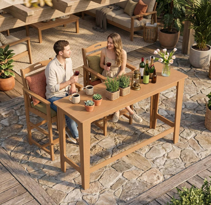 Outdoor Bar Set of 3, 60" Extra Long High Top Table with 2 Oversized Adirondack Chairs, Heavy-Duty All-Weather Bar Height Table Set Patio Bar Set for Backyard Balcony Deck, Teak