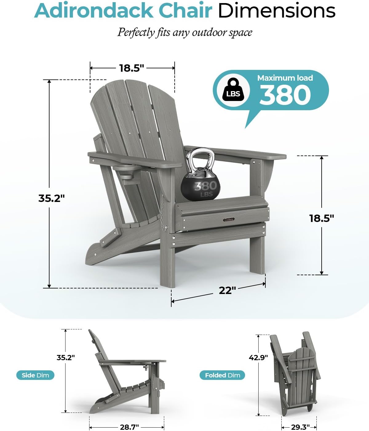 Folding Adirondack Chair Wood Texture, Patio Chair Weather Resistant, Plastic Fire Pit Chair with Cup Holder, for Lawn Outdoor Porch Garden Backyard Deck (Grey)