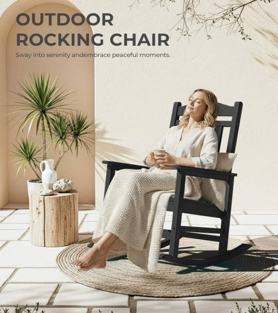 Oversized Outdoor Rocking Chair, 380lbs Heavy-Duty Large Patio Rocker, Weather Resistant & Anti-Fade Porch Chair, High Back Cozy Rocking Chair for Outside, Fire Pit, Deck, Garden, Black