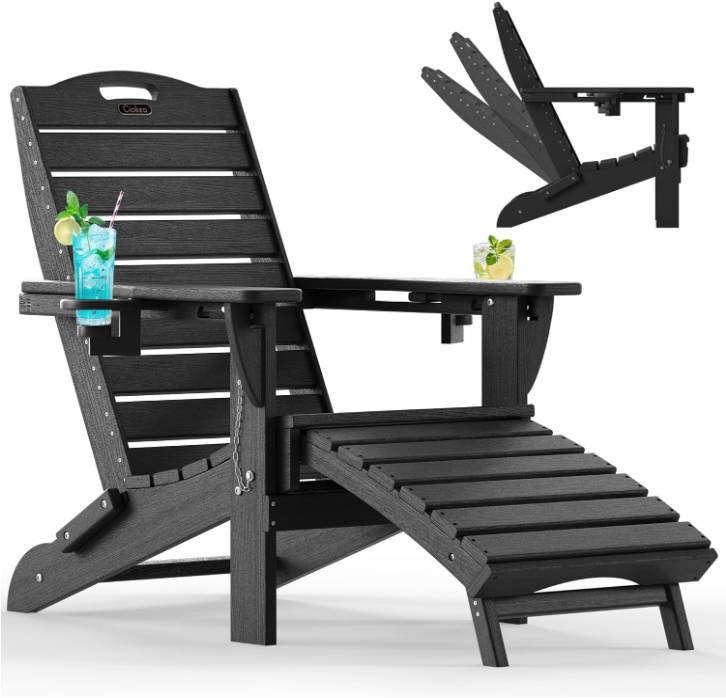 Folding Adirondack Chair with Retractable Ottoman Fire Pit Patio Chair ，Black