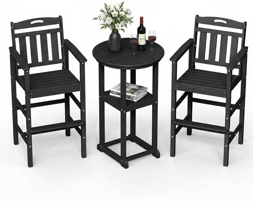 Outdoor High Top Bar Set of 3, Space-Saving Bistro Table and Chairs, All-Weather Small Bar Set with Storage Shelf, Round Table with 2 Oversized Adirondack Chairs for Balcony Deck, Black
