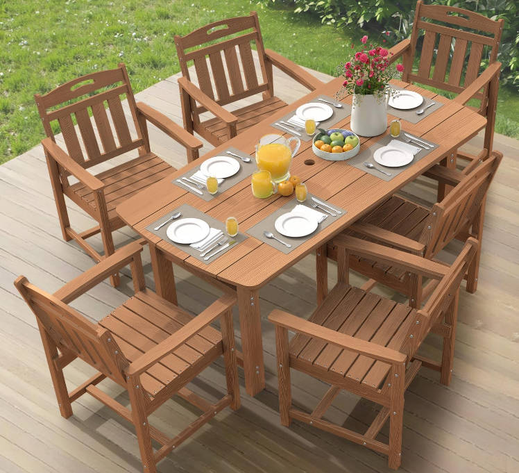HDPE Outdoor Dining Set, 7-Piece Patio Table and Chairs Set with Umbrella Hole, All-Weather Patio Dining Sets for 6, Durable Patio Furniture for Backyard, Garden, Lawn & Poolside, Teak