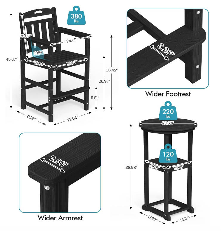 Outdoor High Top Bar Set of 3, Space-Saving Bistro Table and Chairs, All-Weather Small Bar Set with Storage Shelf, Round Table with 2 Oversized Adirondack Chairs for Balcony Deck, Black