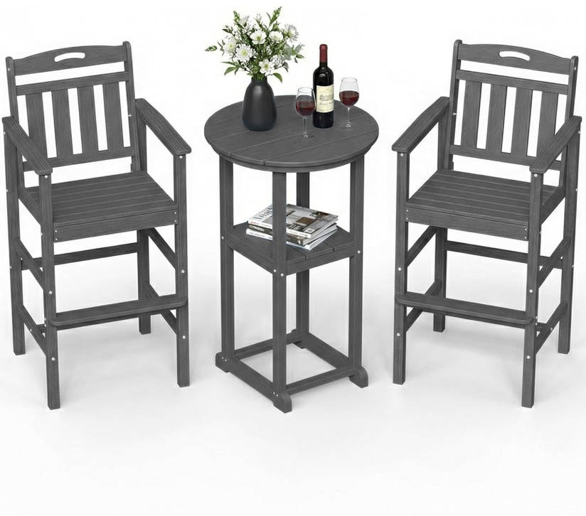 Outdoor High Top Bar Set of 3, Space-Saving Bistro Table and Chairs, All-Weather Small Bar Set with Storage Shelf, Round Table with 2 Oversized Adirondack Chairs for Balcony Deck, Grey