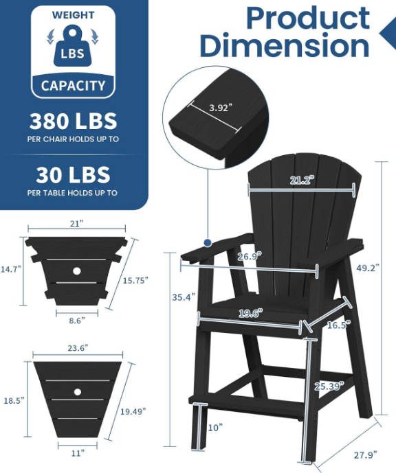 Tall Adirondack Chairs Set of 2, HDPE Outdoor Adirondack Bar Stools with Double Connecting Tray, Weather Resistant High Back Adirondack Balcony Chairs for Deck, Lawn, Pool, Backyard, Black