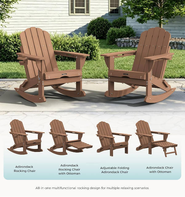 Folding Adirondack Rocking Chair with Retractable Ottoman, 4-in-1 Outdoor Adjustable Adirondack Chair with Cup Holders, All-Weather HDPE Rocker for Porch, Deck, Backyard, Patio, Poolside (Teak)