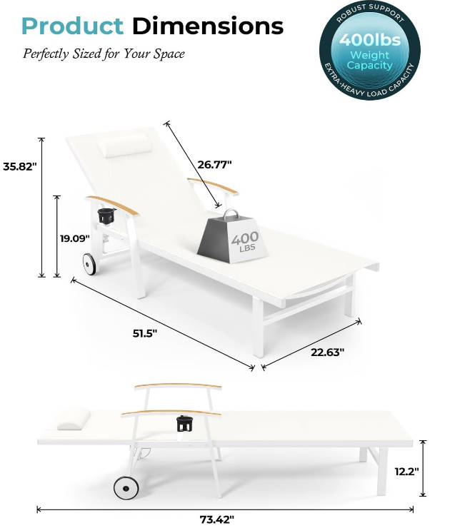 Outdoor Lounge Chair with Pillow, 5-Position Aluminum Chaise Lounge with Wheels & Armrests, 400 lbs Heavy Duty Patio Pool Chair for Deck, Backyard, Beach & Poolside, White