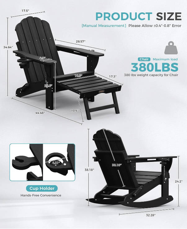 Folding Adirondack Rocking Chair with Retractable Ottoman, 4-in-1 Outdoor Adjustable Adirondack Chair with Footrest and Cup Holders, All-Weather HDPE Rocker for Porch, Patio, Poolside (Black)