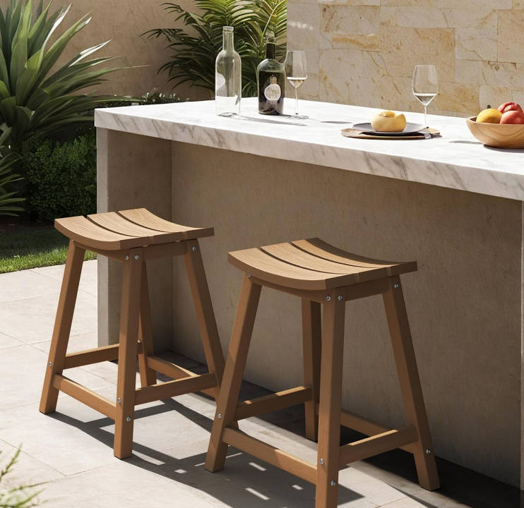2 Set 24" Outdoor Bar Stools Heavy Duty HDPE Counter Height Bar Stools Weatherproof Patio Seats Modern Waterproof BarStools for Bar Deck Balcony Kitchen Counter Yard, Teak