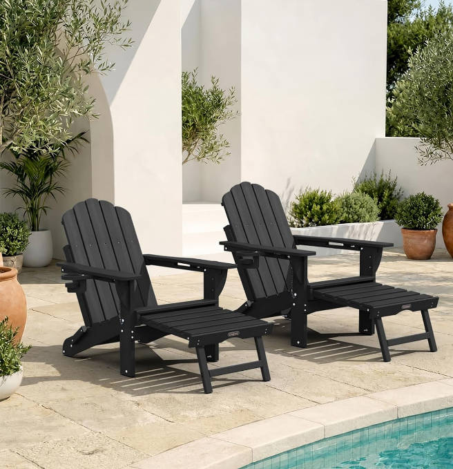 Folding Adirondack Rocking Chair with Retractable Ottoman, 4-in-1 Outdoor Adjustable Adirondack Chair with Footrest and Cup Holders, All-Weather HDPE Rocker for Porch, Patio, Poolside (Black)