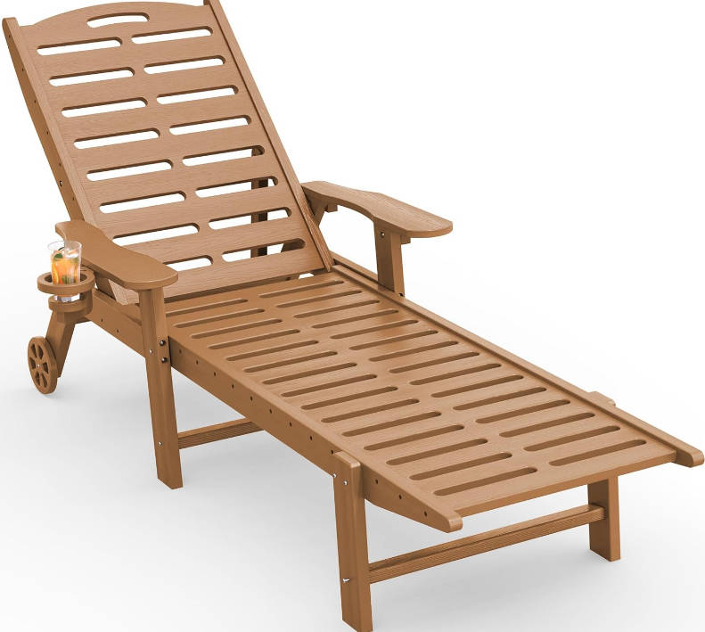 Lounge Chair Outdoor with Wheels & Cup Holder, 5-Position Adjustable Heavy Duty Patio Lounge Chair, HDPE Outdoor Chaise Lounge, 350 lbs Capacity, All Weather for Poolside, Deck, Backyard (Teak)