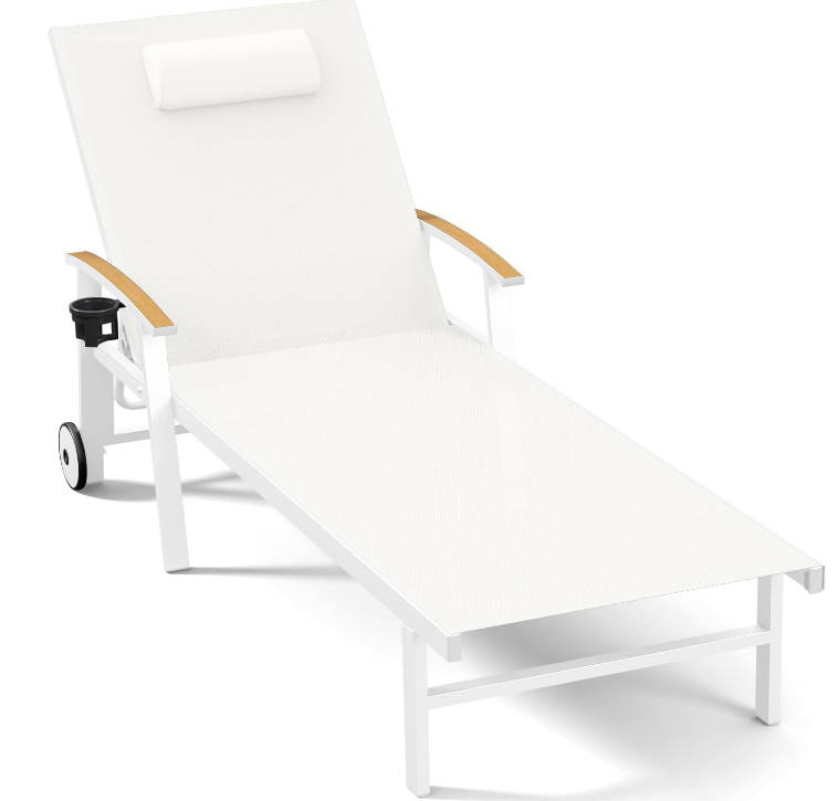 Outdoor Lounge Chair with Pillow, 5-Position Aluminum Chaise Lounge with Wheels & Armrests, 400 lbs Heavy Duty Patio Pool Chair for Deck, Backyard, Beach & Poolside, White