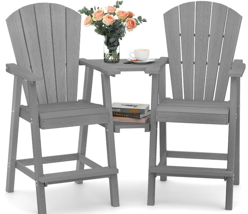  Tall Adirondack Chairs Set of 2, HDPE Outdoor Adirondack Bar Stools with Double Connecting Tray, Weather Resistant High Back Adirondack Balcony Chairs for Deck, Lawn, Pool, Backyard, Grey