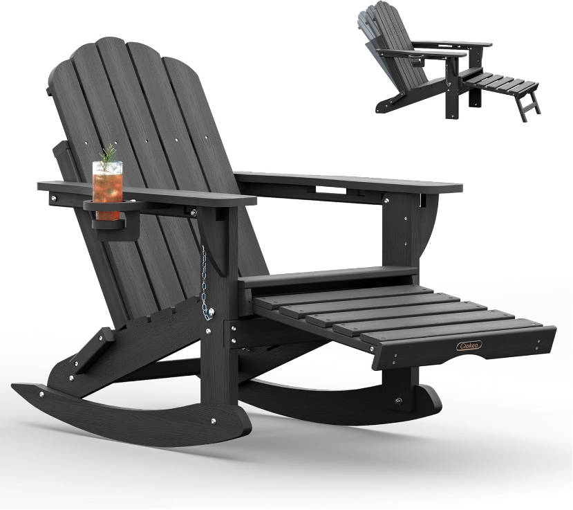 Folding Adirondack Rocking Chair with Retractable Ottoman, 4-in-1 Outdoor Adjustable Adirondack Chair with Cup Holders, All-Weather HDPE Rocker for Porch, Deck, Patio, Poolside (Dark Grey)