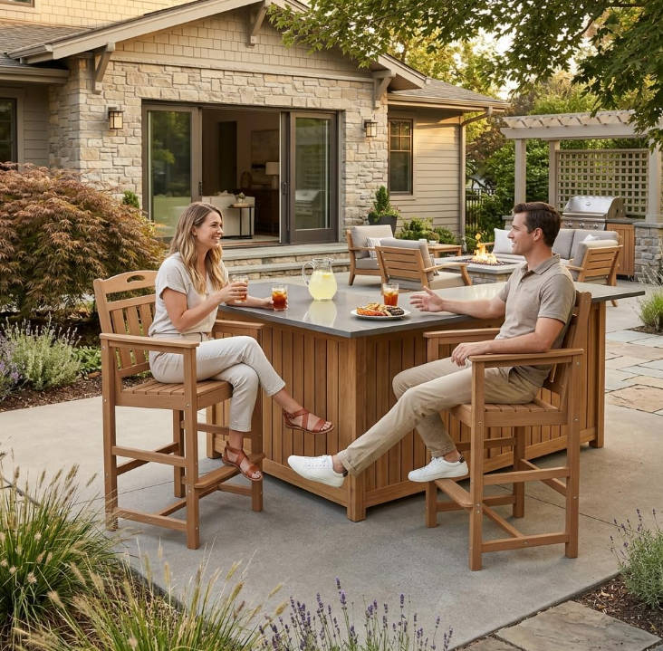 Bar Height Adirondack Chair, 380lbs Heavy Duty Tall Bar Chair Patio Stool with Arms & High Back, All-Weather Outdoor Chair for Bar Table, Balcony, Poolside, Deck and Garden, Teak