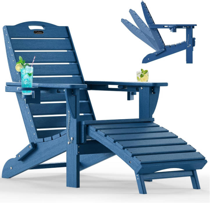 Folding Adirondack Chair with Retractable Ottoman Fire Pit Patio Chair with Pull Out Foot Rest Weather Resistant Lawn Outdoor Lounge Chair with 2 Cup Holder (Navy Blue)
