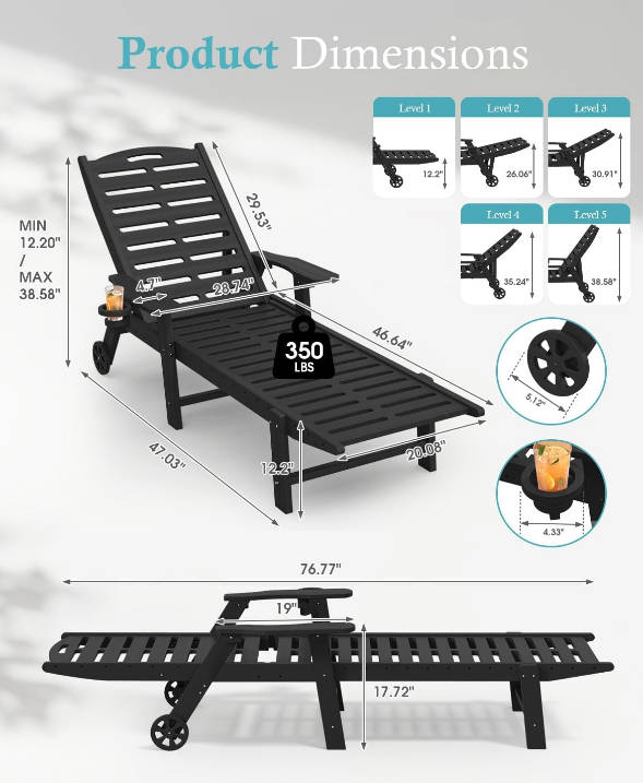 Lounge Chair Outdoor with Wheels & Cup Holder, 5-Position Adjustable Heavy Duty Patio Lounge Chair, HDPE Outdoor Chaise Lounge, 350 lbs Capacity, All Weather for Poolside, Deck, Backyard (Black)