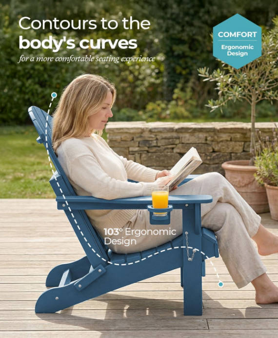 Folding Adirondack Chair Wood Texture, Patio Adirondack Chair Weather Resistant, Plastic Fire Pit Chair with Cup Holder, Lawn Chair for Outdoor Porch Garden Backyard Deck (Navy Blue)