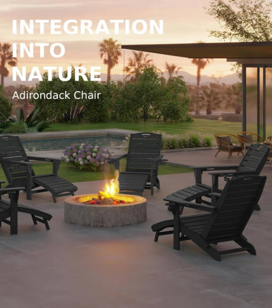  Folding Adirondack Chair with Retractable Ottoman Fire Pit Patio Chair ，Black