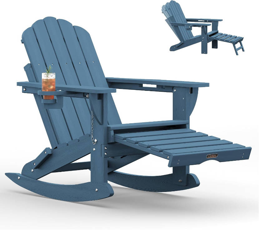 Folding Adirondack Rocking Chair with Retractable Ottoman, 4-in-1 Outdoor Adjustable Adirondack Chair with Cup Holders, All-Weather HDPE Rocker for Porch, Deck, Patio, Poolside (Navy Blue)