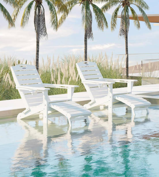 Folding Adirondack Chair with Retractable Ottoman Fire Pit Patio Chair with Pull Out Foot Rest Weather Resistant Lawn Outdoor Lounge Chair with 2 Cup Holder (White)