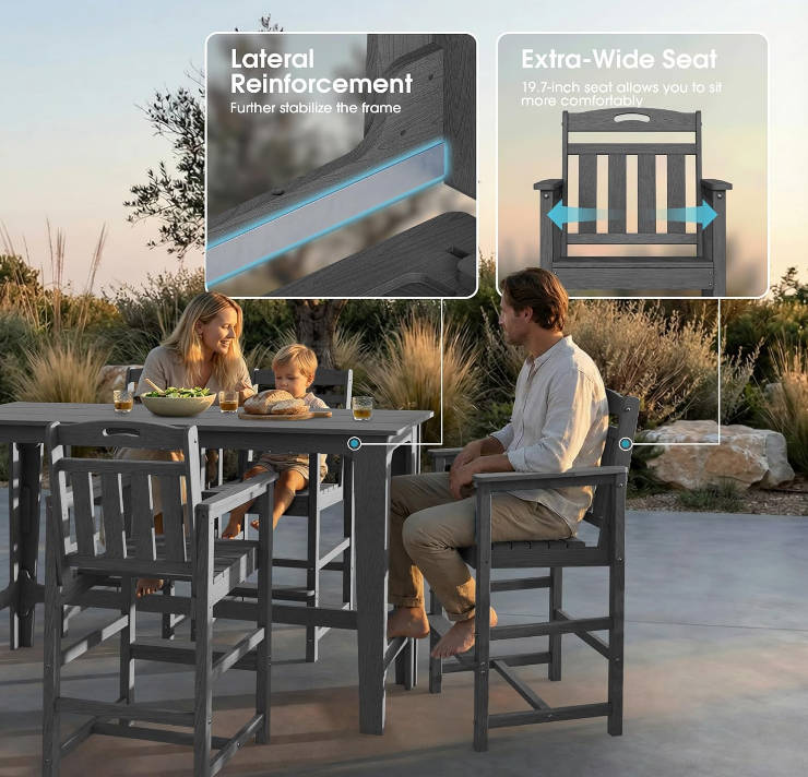 Outdoor Bar Set of 3, 60" Extra Long High Top Table with 2 Oversized Adirondack Chairs, Heavy-Duty All-Weather Bar Height Table Set Patio Bar Set for Backyard Balcony Deck, Grey