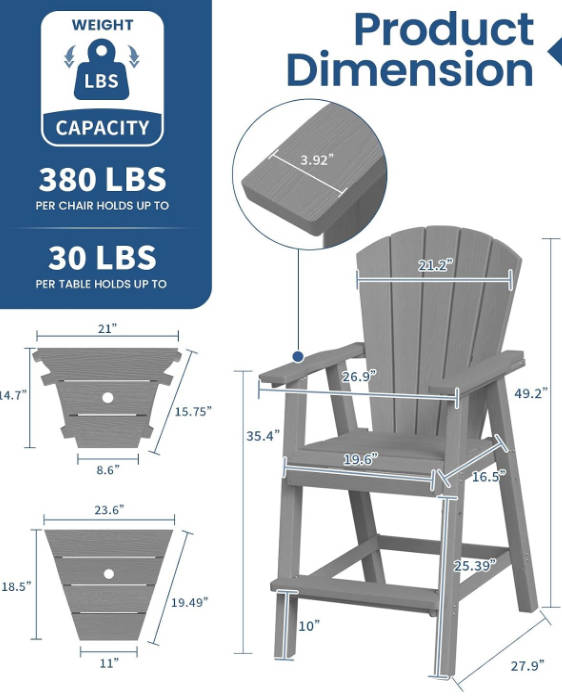 Tall Adirondack Chairs Set of 2, HDPE Outdoor Adirondack Bar Stools with Double Connecting Tray, Weather Resistant High Back Adirondack Balcony Chairs for Deck, Lawn, Pool, Backyard, Grey