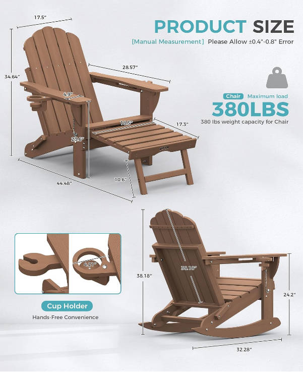 Folding Adirondack Rocking Chair with Retractable Ottoman, 4-in-1 Outdoor Adjustable Adirondack Chair with Cup Holders, All-Weather HDPE Rocker for Porch, Deck, Backyard, Patio, Poolside (Teak)