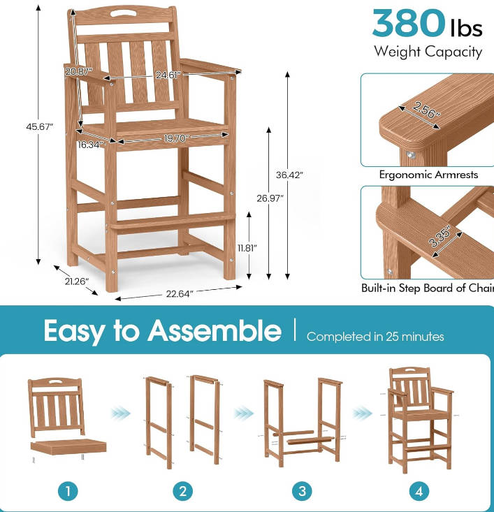 Bar Height Adirondack Chair, 380lbs Heavy Duty Tall Bar Chair Patio Stool with Arms & High Back, All-Weather Outdoor Chair for Bar Table, Balcony, Poolside, Deck and Garden, Teak